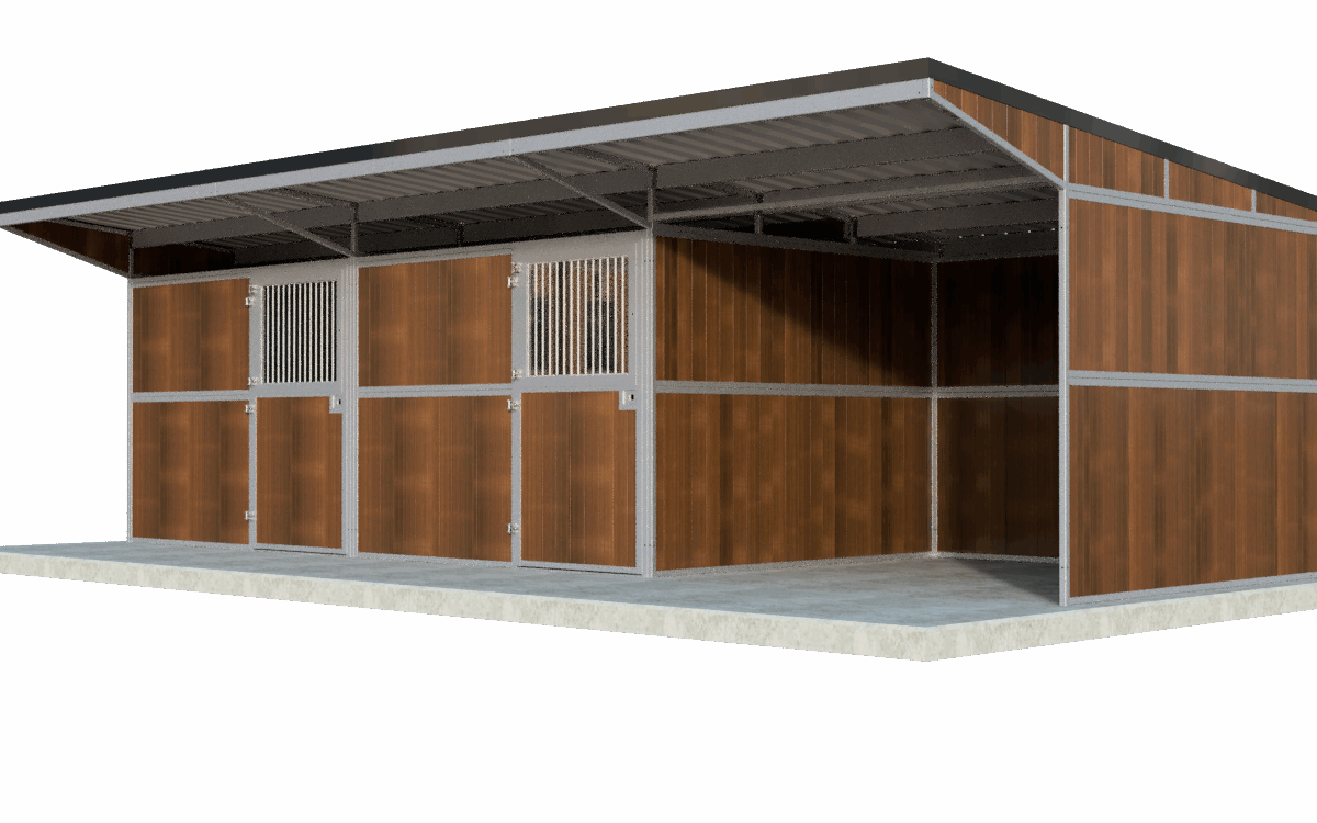 2 Pferdeställe mit Drehtüren und offener Lagerraum - Pultdach